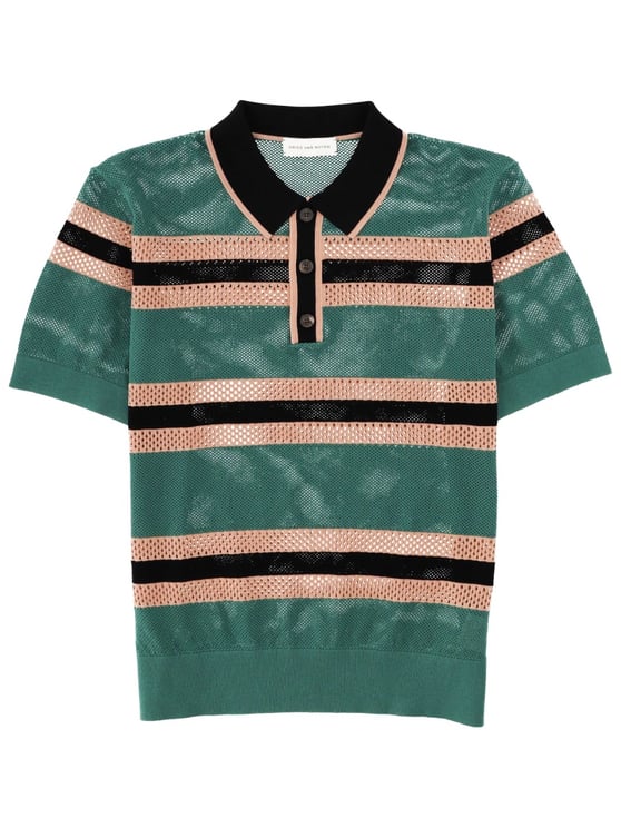 Dries van Noten Perforated Knit Horizontal Stripes Polo Shirt