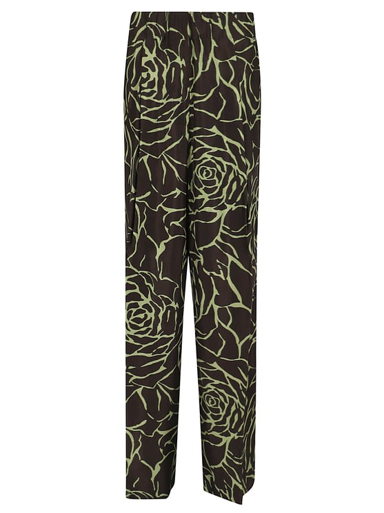 Dries van Noten Fluid Twill Wide-Leg Trousers with Woodblock Rose Print