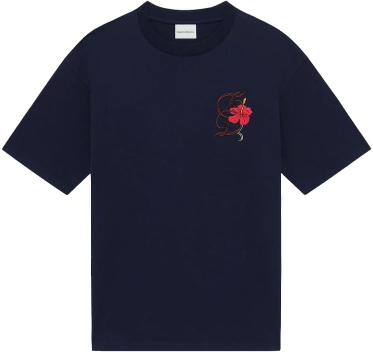 Drôle de Monsieur Heren Hibiscus Brodée T-Shirt Blauw