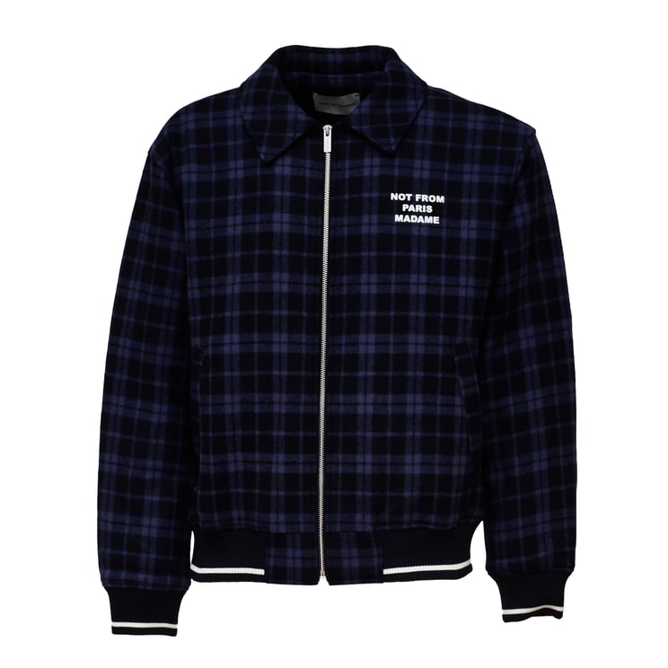 Drôle de Monsieur Check Flannel Jacket with Bold Slogan Print