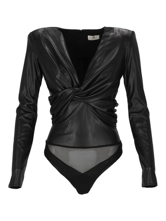 Elisabetta Franchi Faux Leather Bodysuit With Twisted Knot Detail