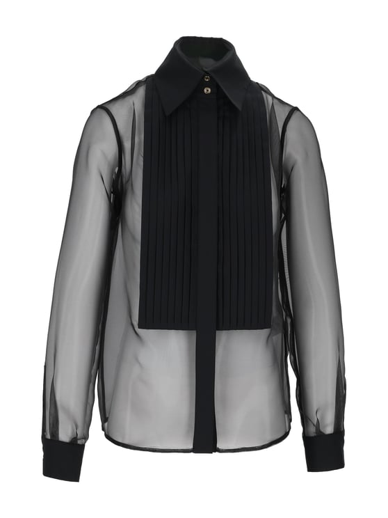 Elisabetta Franchi Translucent Pleated Bib Classic Collar Blouse