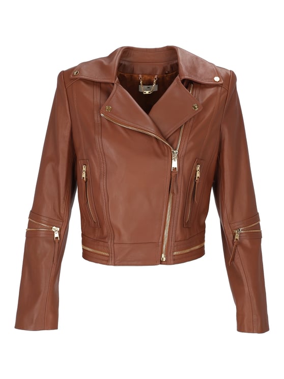 Elisabetta Franchi Cropped Leather Jacket With Asymmetrical Zipper And Gold Accents