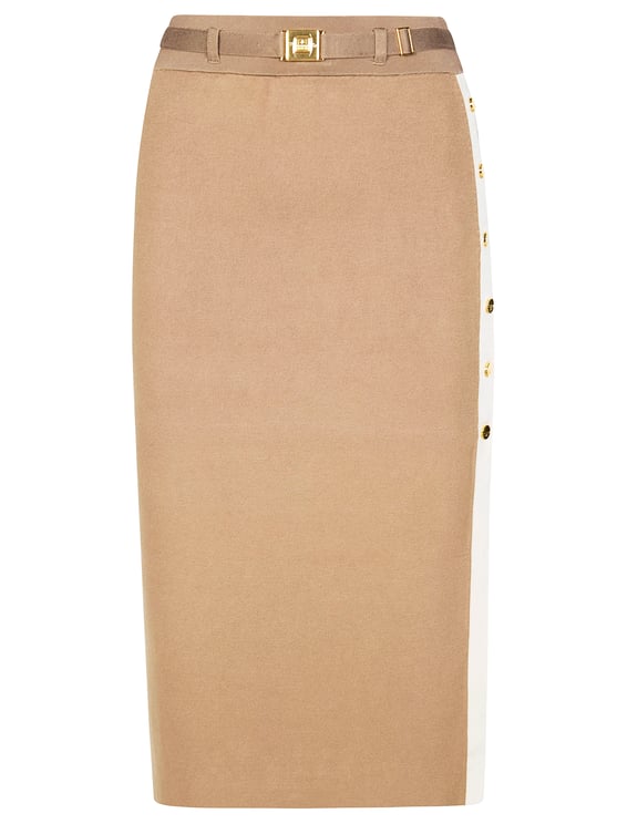 Elisabetta Franchi Fitted Midi Gold Buttons Knit Skirt