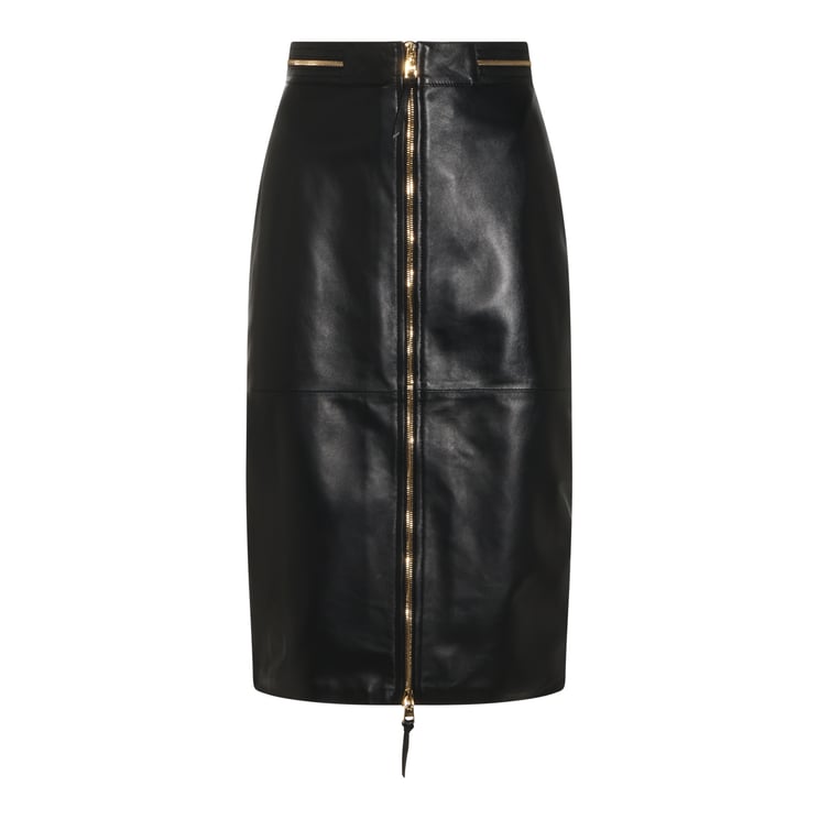 Elisabetta Franchi Knee-Length Black Leather Skirt with Gold Zipper Accents