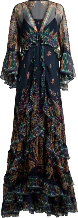 Etro Black Maxi Flared Paisley Ruffled Dress