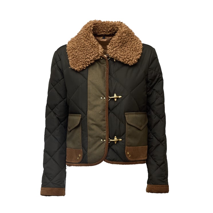 Fay Quilted Black Jacket with Removable Faux Shearling Collar and Velvet Inserts