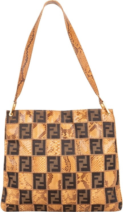 Fendi Fendi Monogram Python and Zucca Canvas Patchwork Shoulder Bag