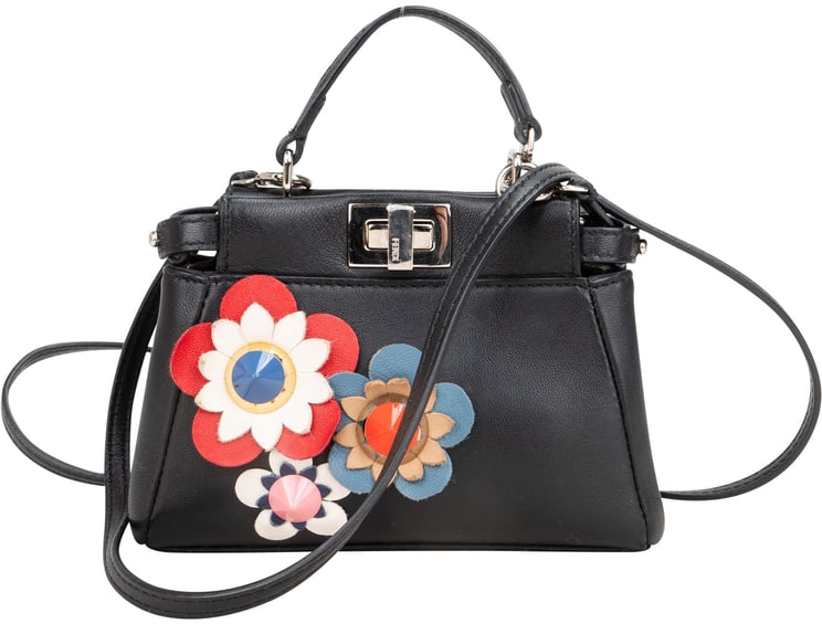 Fendi Fendi Black Leather Floral Mini Peekaboo Handbag