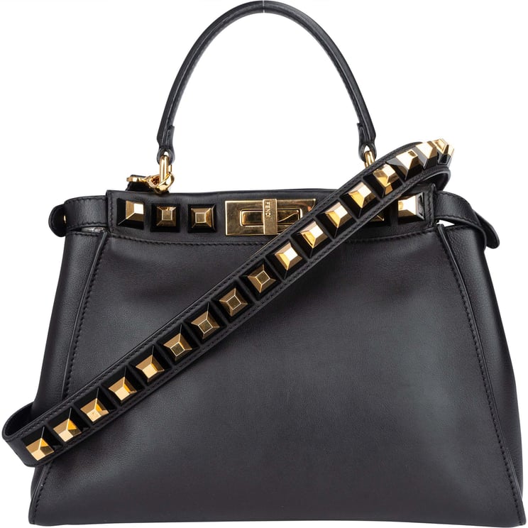 Fendi Fendi Noir Leather Gold Edition Spikes Peekaboo Handbag