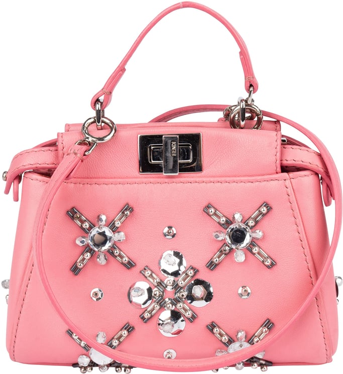 Fendi Fendi Pink Leather Crystal Micro Peekaboo Handbag