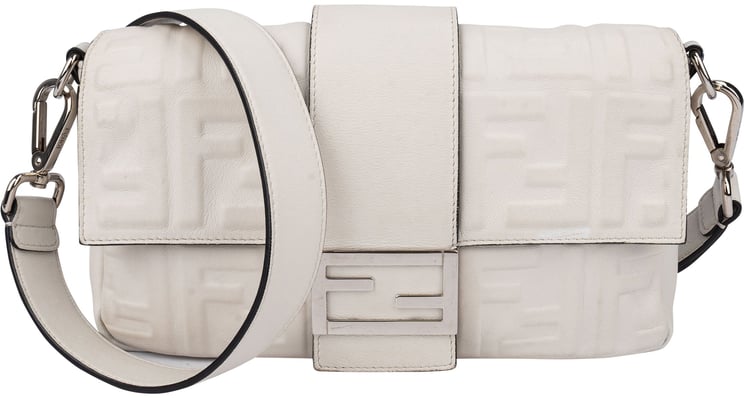 Fendi Fendi White FF Leather Monogram Baguette Crossbody Bag