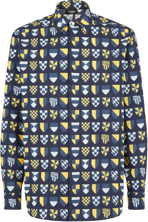 Fendi Deep Blue Geometric Shield Pattern Shirt