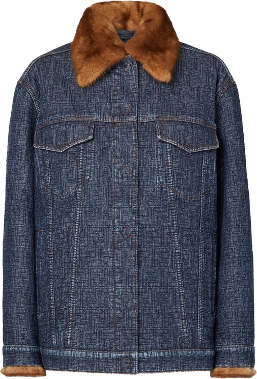 Fendi Padded Denim Jacket with Textured Fabric and Fur Collar