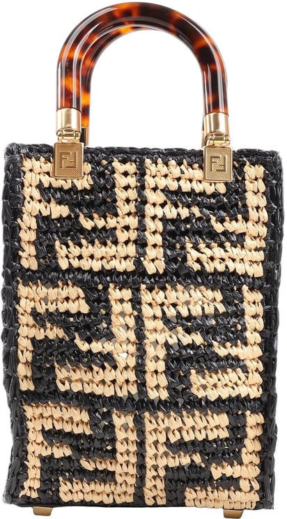 Fendi Fendi Mon Sunshine Shopper Zucchino Small Raffia x Leather 2Way Handbag in Black x Beige 8BS051