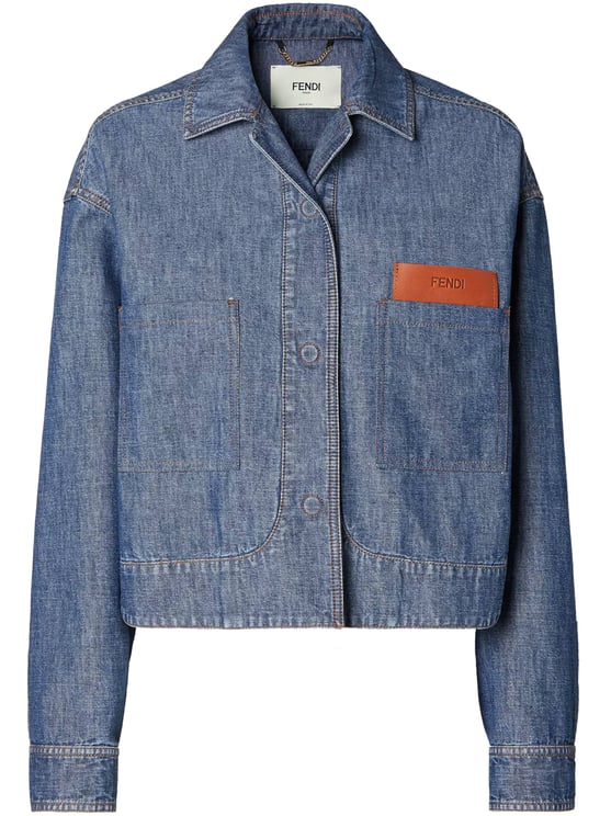 Fendi Cropped Denim Jacket with Split Hem Detail and Embossed Logo