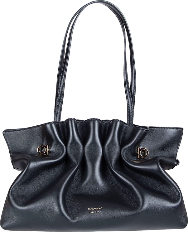 Ferragamo Soft Black Nappa Leather Bag with Iconic Gancio Clasps