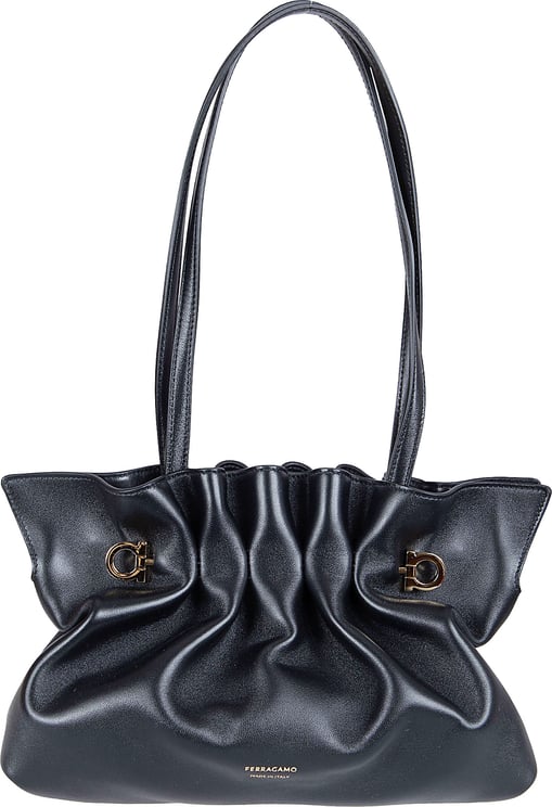 Ferragamo Gathered Black Nappa Leather Soft Bag with Gold Accents