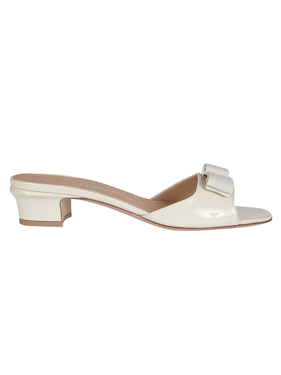 Ferragamo Open Toe Sandals with Glossy Upper and Decorative Bow