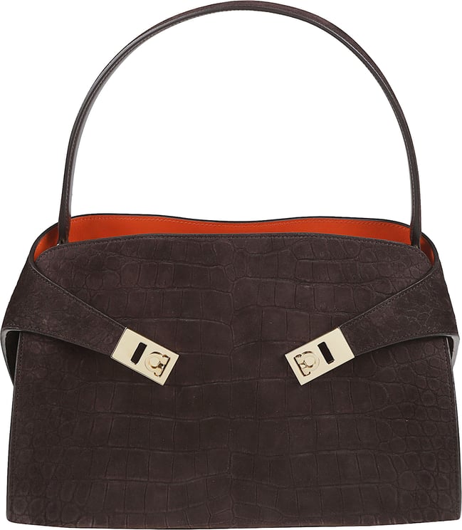 Ferragamo Structured Crocodile-Embossed Handbag with Gold-tone Accents