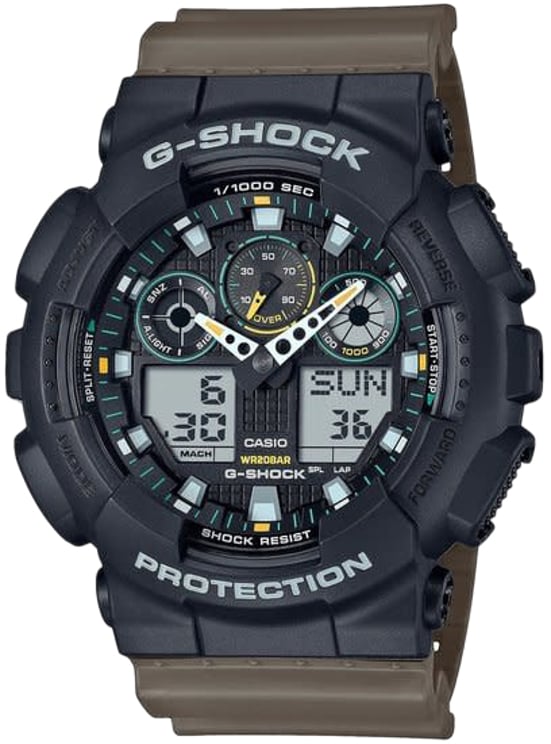 G-Shock Casio G Shock GA-100TU-1A3ER Digitaal Analoog Zwart Groen 200m Waterdicht 50mm