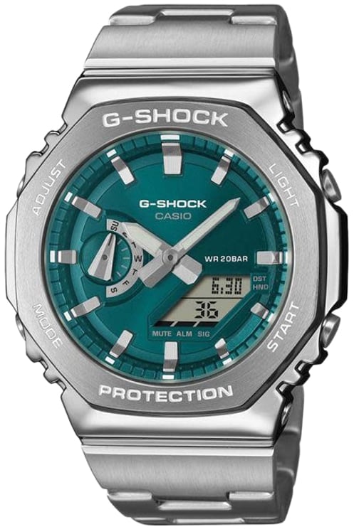 G-Shock G-Shock Horloge GM-2110D-3A1ER Digitaal Analoog Staal met Blauw Groene Wijzerplaat 49mm Waterdichtheid 200 Meter