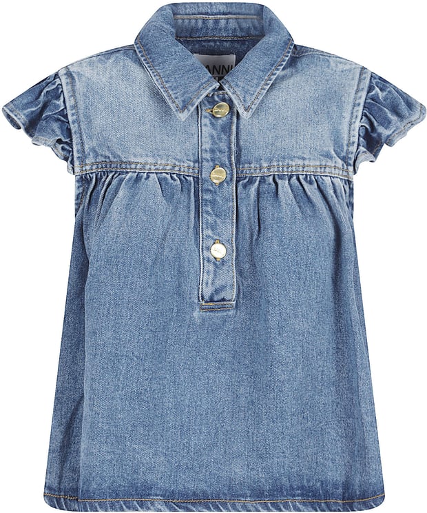 Ganni Medium-Wash Denim Shirt with Ruffled Sleeves