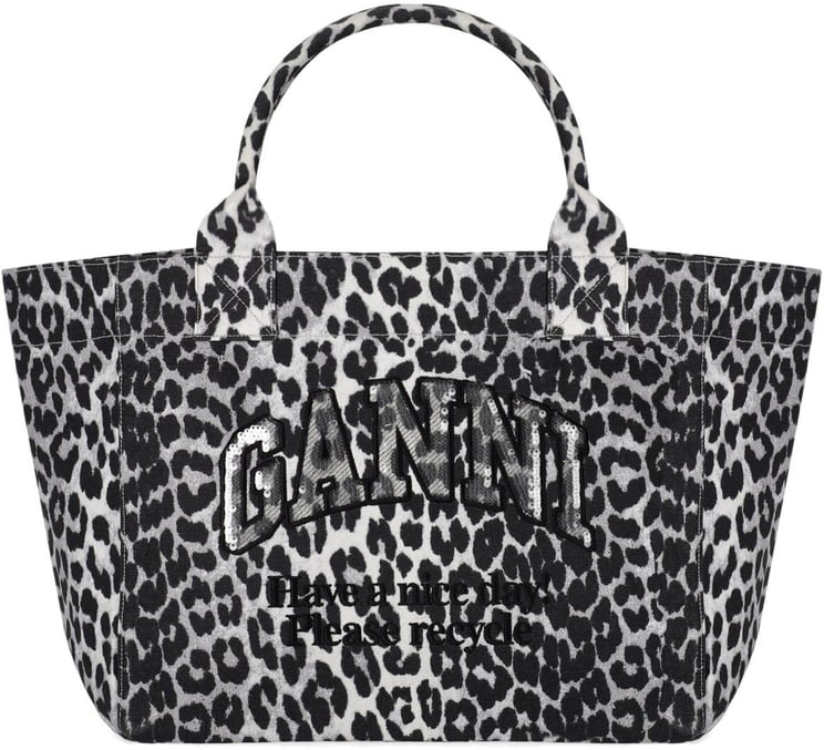 Ganni GANNI LEOPARD PRINT GREY SHOPPING BAG