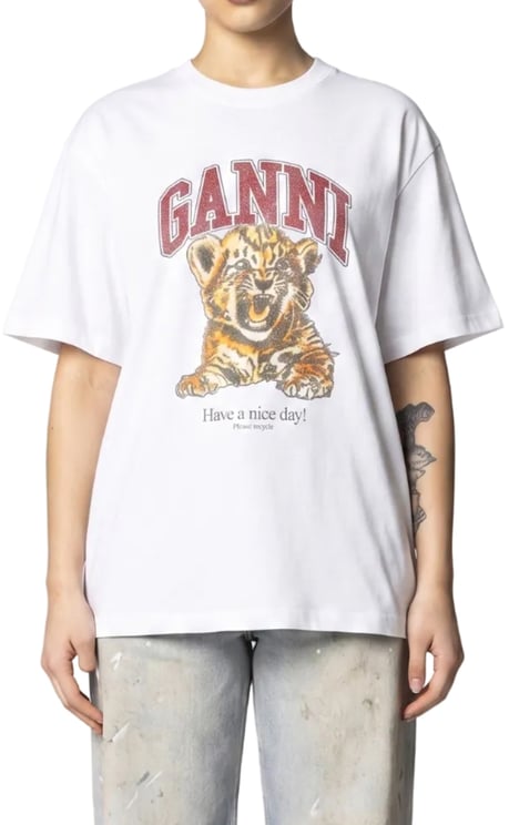 Ganni HEAVY COTTON JERSEY BEADED BABY TIGER PRINT BRIGHT WHITE
