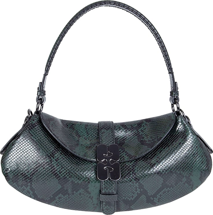 Ganni Crescent-Shaped Shoulder Bag in Glossy Faux Snake Texture