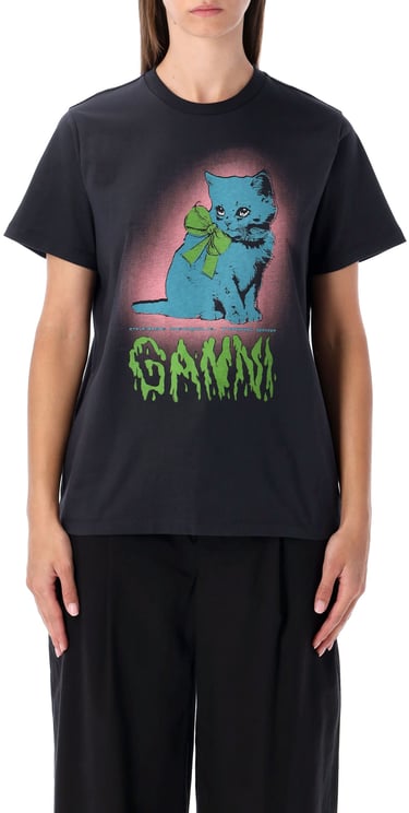 Ganni Cat Tshirt Phantom Black