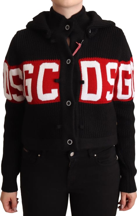 GCDS GCDS Black Cashmere Hooded Button Down Logo Cardigan Jacket