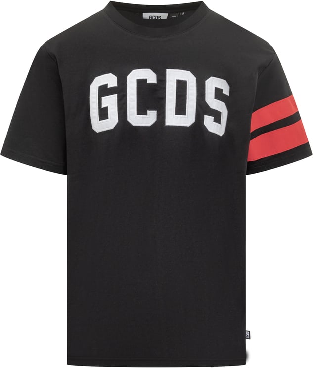 GCDS GCDS T-shirt Nera con Logo Bianco e Bande Rosse