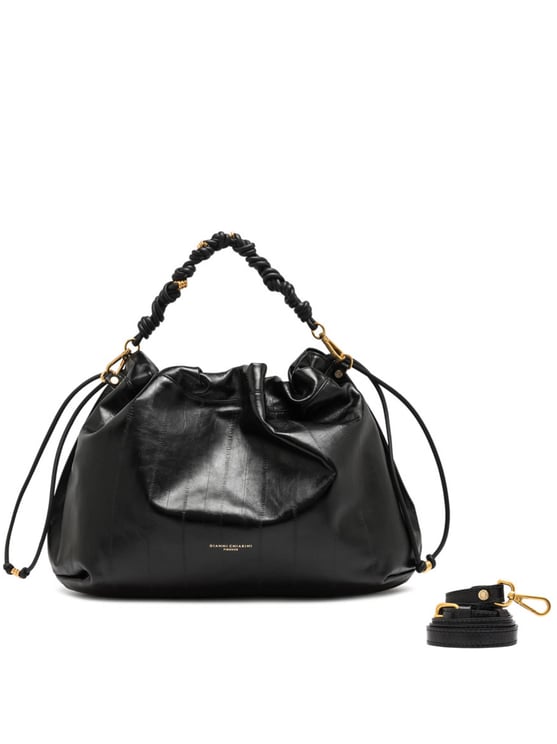 Gianni Chiarini Ruched Black Leather Handbag with Twisted Handle