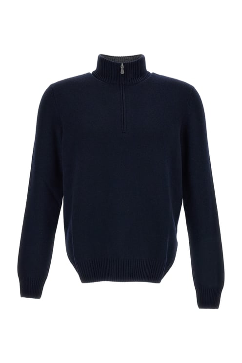 Gran Sasso Blue High-Neck Wool-Blend Zip Sweater