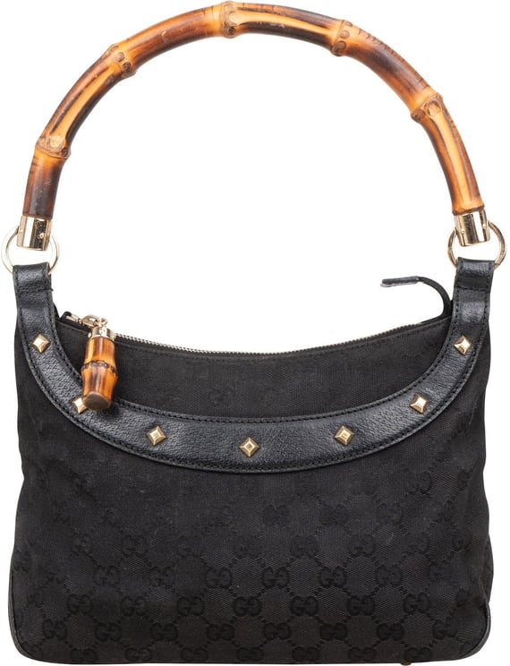 Gucci Gucci Black Monogram GG Bamboo Studded Hobo Handbag