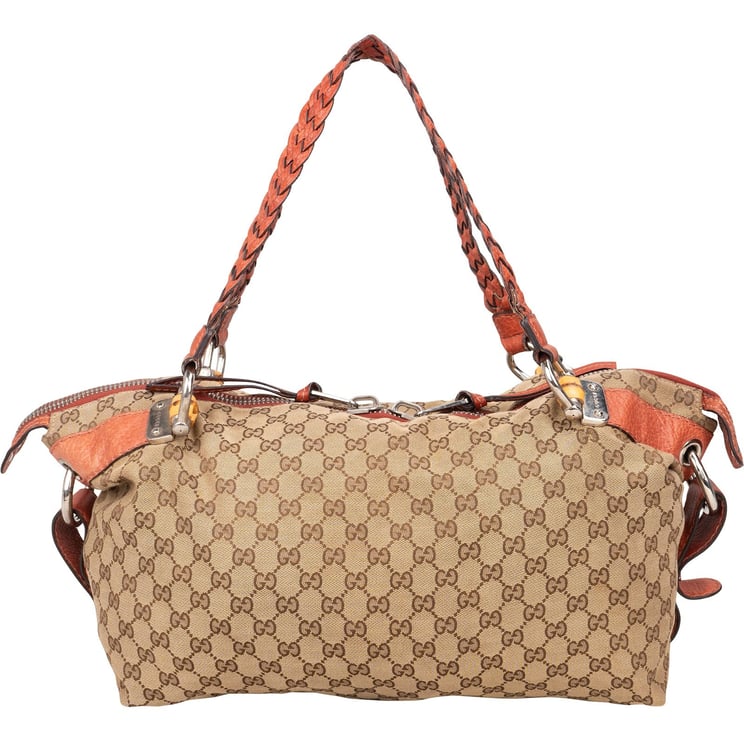 Gucci Gucci Monogram GG Bamboo and Leather Handle Satchel Shoulder Bag