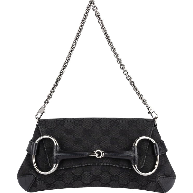 Gucci Gucci Monogram GG Black Horsebit Chain Pochette Handbag