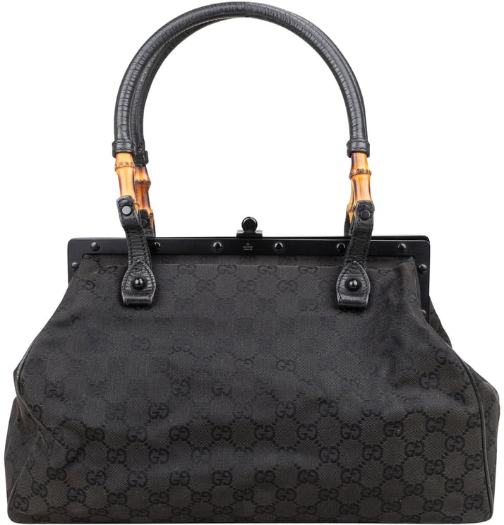 Gucci Gucci Black GG Monogram Bamboo Top Handle Frame Handbag