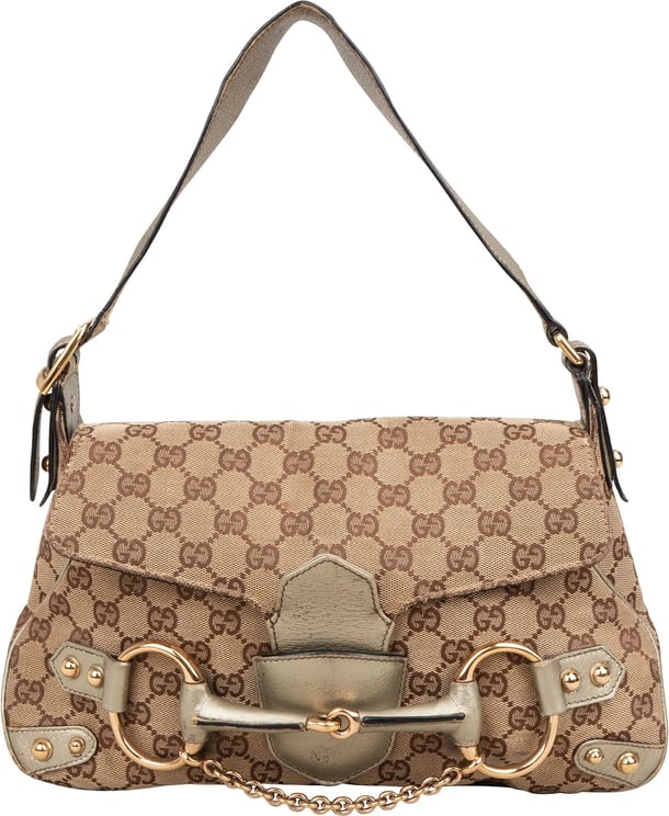 Gucci Gucci Monogram GG Studded Horsebit Chain Flap Shoulder Bag