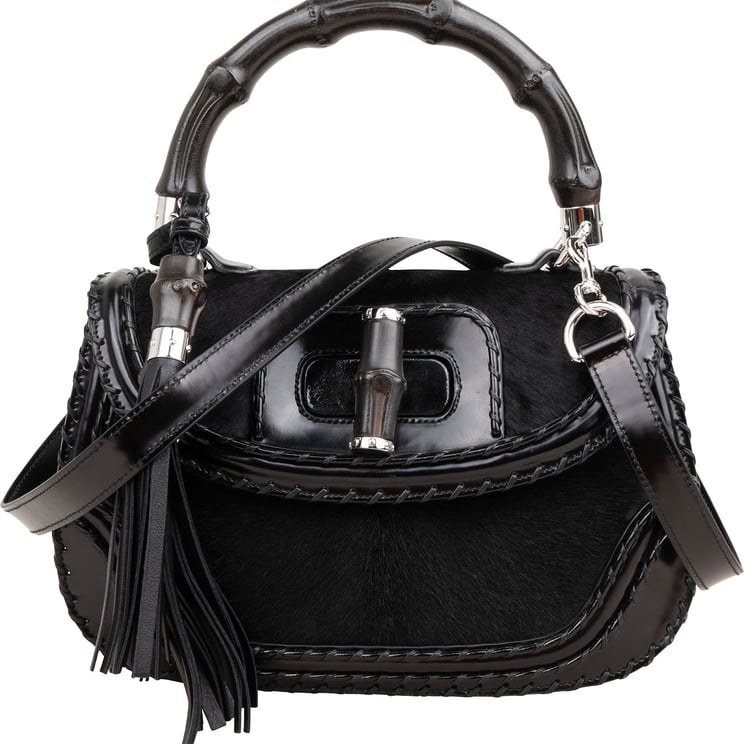 Gucci Gucci Black Leather Pony Hair New Bamboo Top Handle Crossbody Bag