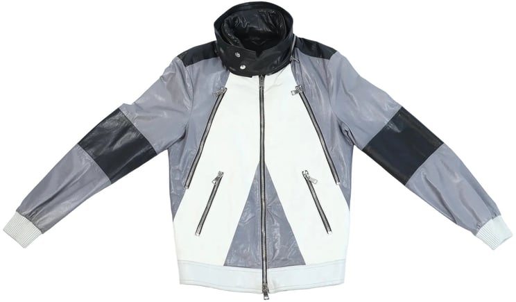Gucci Gucci Litriang Leather Biker Jacket in Metallic Gray x White x Black, 48 IT