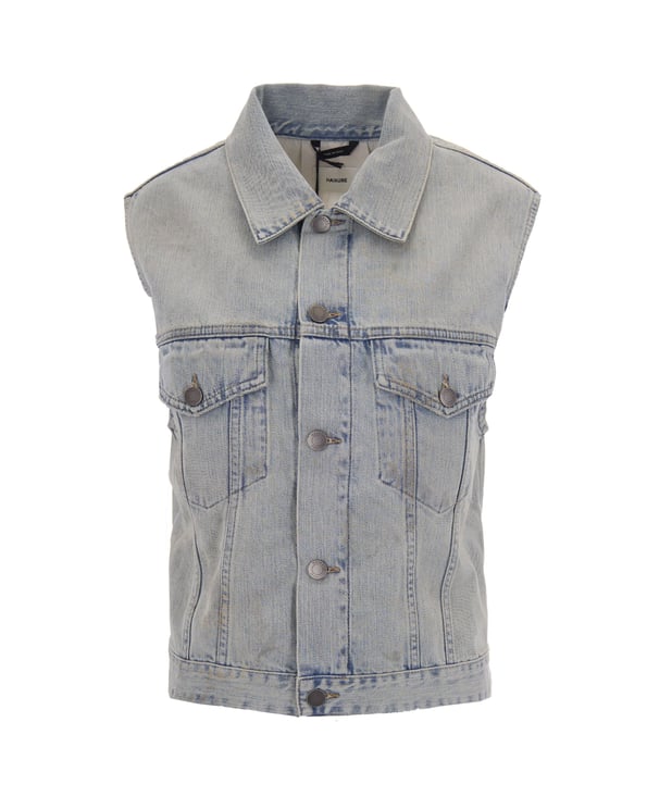 Haikure Sleeveless Denim Gilet with Button Closure and Distressed Hem