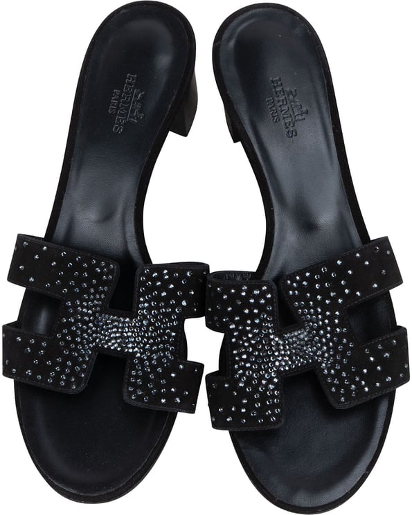 Hermès Hermès Special Edition Black Suede Crystal Oran Sandals (37)