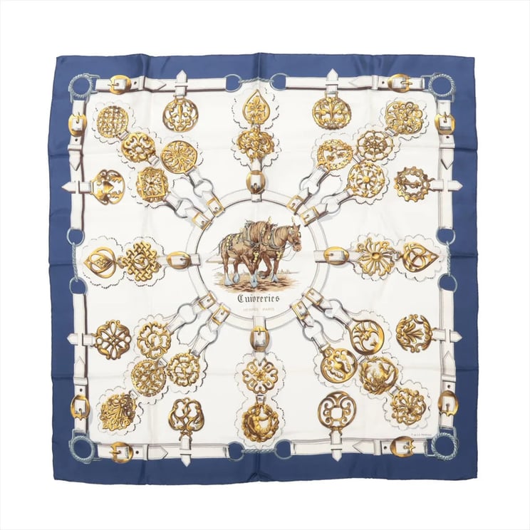 Hermès Hermès Carré 90 "Cuivreries" Silk handkerchief in Navy Blue x White