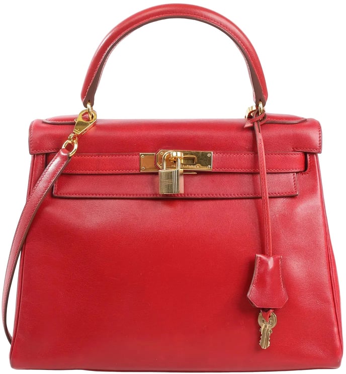 Hermès HERMÈS Kelly 28 Le Tournay Box Leather 2Way Handbag in Rouge ○U:1991