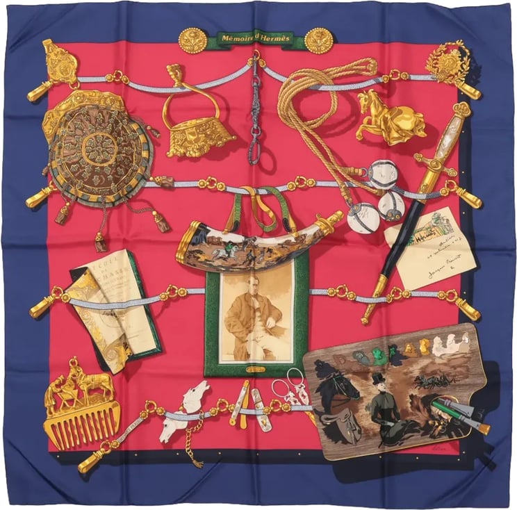 Hermès Hermès Carré 90 "Memoire d'Hermes" Silk handkerchief in Navy Blue x Red