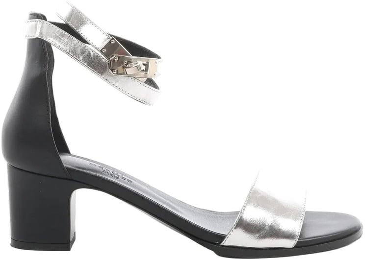 Hermès HERMES Manege Kelly Leather Sandals in Black x Silver, Size 37 EU