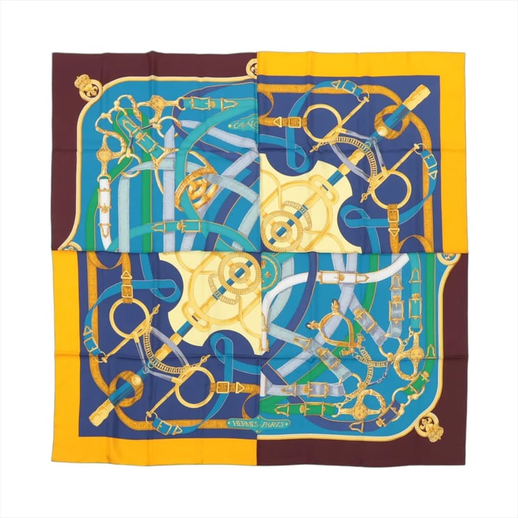 Hermès Hermès Carré 140 "Eperon d'Or" Silk handkerchief in Blue x Brown