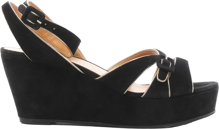 Hermès HERMES Leather & Suede Wedge Sole Sandals in Black, Size 37 EU